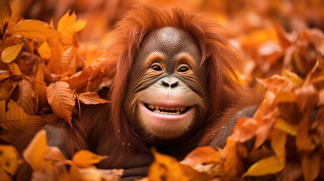 Portrait of happy orangutan rejoices in autumn.