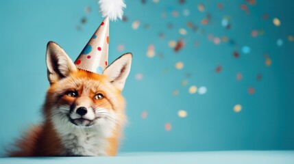 Naklejka premium Funny fox with birthday party hat on blue background.