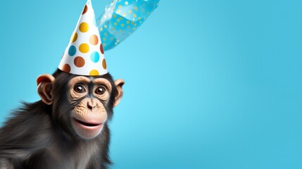Funny monkey with birthday party hat on blue background. - obrazy, fototapety, plakaty