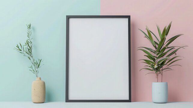 A realistic image featuring a simple yet sophisticated setup of a blank photo frame against a blue backdrop, accented by a vibrant green plant in a vase.