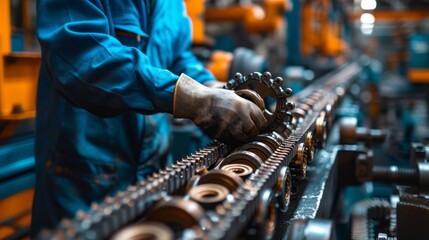 Skilled mechanic fine tuning engine parts on assembly line in industrial workshop