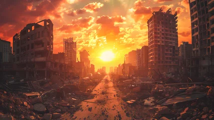 Wandcirkels tuinposter Post apocalypse after war or earthquake, apocalyptic destroyed city © john