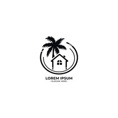 house logo design template with palm trees vector. beach hotel logo vector. 	
