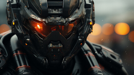 Fototapeta premium Close-up of a futuristic soldier, 3D rendered with hyper-realistic detail, standing vigilant against a pure backdrop,