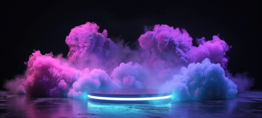 Surreal neon-lit podium enveloped by ethereal smoke clouds in shades of pink and blue, creating a dreamy and futuristic presentation space.