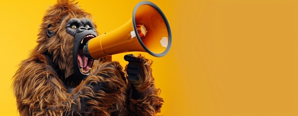 Close-up of a figure in a Bigfoot costume yelling into a megaphone, set against a vivid yellow background for a striking and humorous effect. - obrazy, fototapety, plakaty