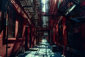 AI generated illustration of a city alley with multiple fire escape ladders and red buildings - obrazy, fototapety, plakaty