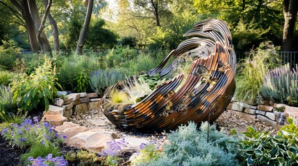 An abstract garden sculpture, its surfaces a riot of textures and hues, engaging observers in a...