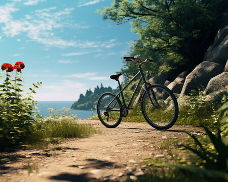 A hyper-realistic render of a bicycle in a scenic landscape, the cycle path stretching ahead, isolated on a path to wellness background, showcasing cycling as a fun and eco-friendly component