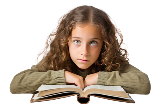 girl reading a book intently Showing a desire for knowledge, Isolated on transparent background.