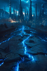 A cracked land with blue lights glowing from the crack, a city in the background