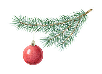 Fir branch with red Christmas ball ornament watercolor illustration isolated on white background. Hand drawn green spruce tree with hanging decoration for winter holidays and New Year greeting card