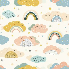 Cheerful Cloudscape Pastel Rainbow Pattern- Explore a delightful world of whimsy with this charming pattern featuring fluffy clouds in a palette of pastel rainbow shades, radiating warmth and happines