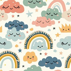 Clouds of Joy Pastel Rainbow Pattern- Delight in the playful charm of this whimsical pattern, where fluffy clouds drift in pastel rainbow hues