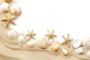 Fototapeta na wymiar Sand, starfish and shells on white background with copy space. Summer background for banner. Top view photo
