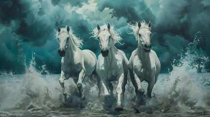 original art, painting of three white horses to represent power