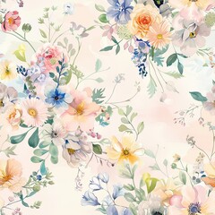 wonderment with a seamless pattern boasting watercolor-inspired bouquets of different flower varieties, delicately set against a backdrop of soft pastel tones