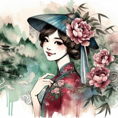 Taiwanese girl in traditional dress with Generative AI.