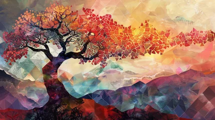 Fotobehang Colorful Geometric Mosaic Autumn Tree Artistic Concept © Mutshino_Artwork