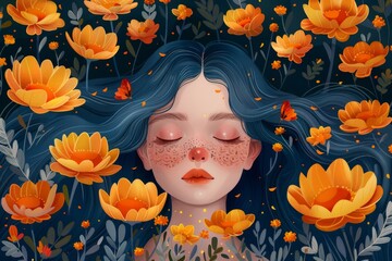 A cute girl with long blue hair is sleeping in a field of yellow flowers. Illustration of Woman with Flowers in Hair