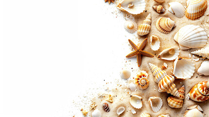 Sand, starfish and shells on white background with copy space. Summer background for banner. Top view photo