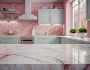 Empty white marble table top and pink colored walls in the modern kitchen. copy space, product display montage