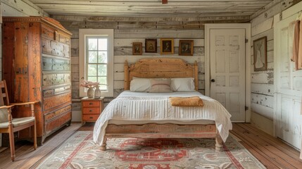 Obraz na płótnie Canvas Design an American farmhouse bedroom with reclaimed wood accents, cozy textiles, and a touch of country charm. morning light with the room's rustic wooden furniture and comfortable atmosphere.