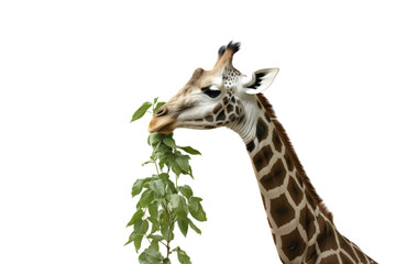 Obraz premium photograph of Giraffe eating leaves, Isolated on transparent background.