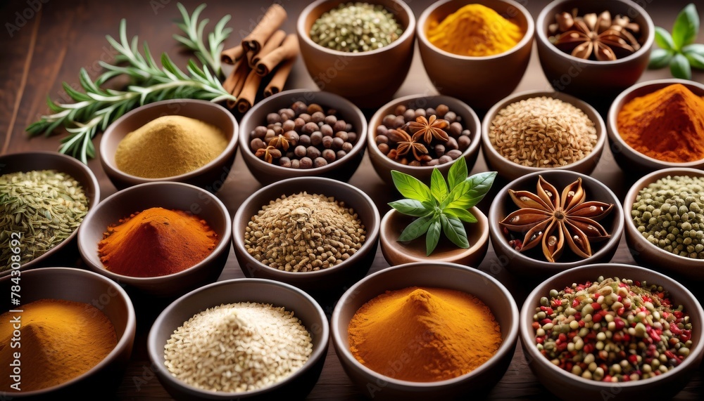 Poster an array of aromatic spices in terracotta bowls arranged on a wooden surface, highlighting culinary 