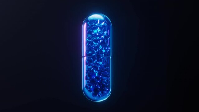 Medical capsule with dark neon light effect, 3d rendering.