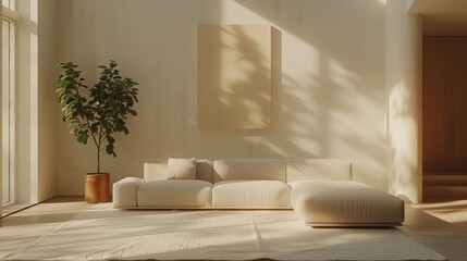 Modern living room with white couch and potted plant