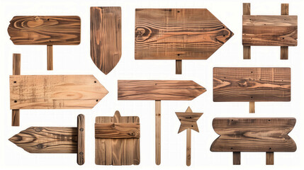 A collection of wooden signs with various shapes and sizes. The signs are arranged in a row and are all pointing in different directions. Scene is one of exploration and discovery. Set of wooden signs