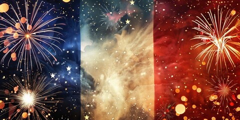 Fireworks in blue, white, red, French flag colors for Bastille Day or national celebration, festive background.
