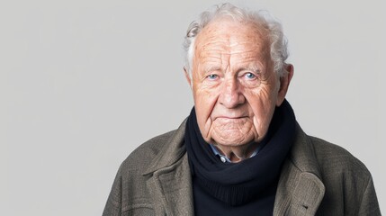 A grand father or elder man facing forward, user persona, isolated on light grey background, professional stock photography
