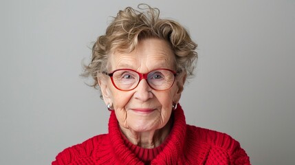 Kind senior woman with a gentle smile, active grandmother user persona, casual attire, grey background.