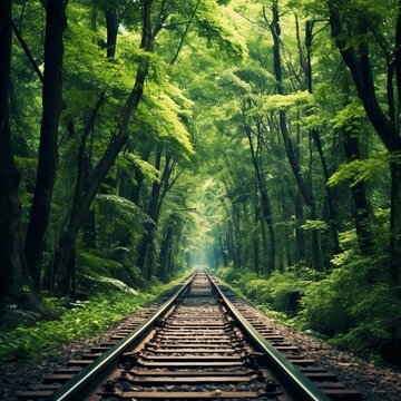 illustration of photo of long railway track in India with green tall , Generative ai