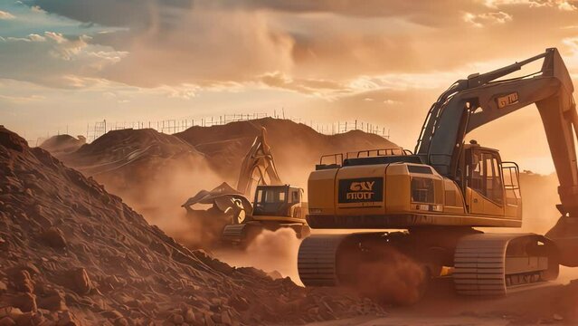 Video animation of large construction site with a large piece of equipment. The equipment is a Caterpillar excavator