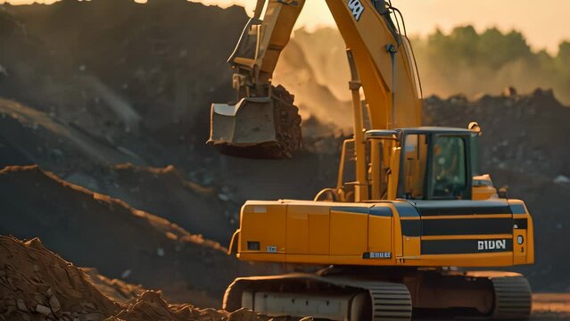 Video animation of A large yellow excavator is digging into a pile of dirt. The machine is surrounded by a large amount of dirt, and it is in the process of moving it.