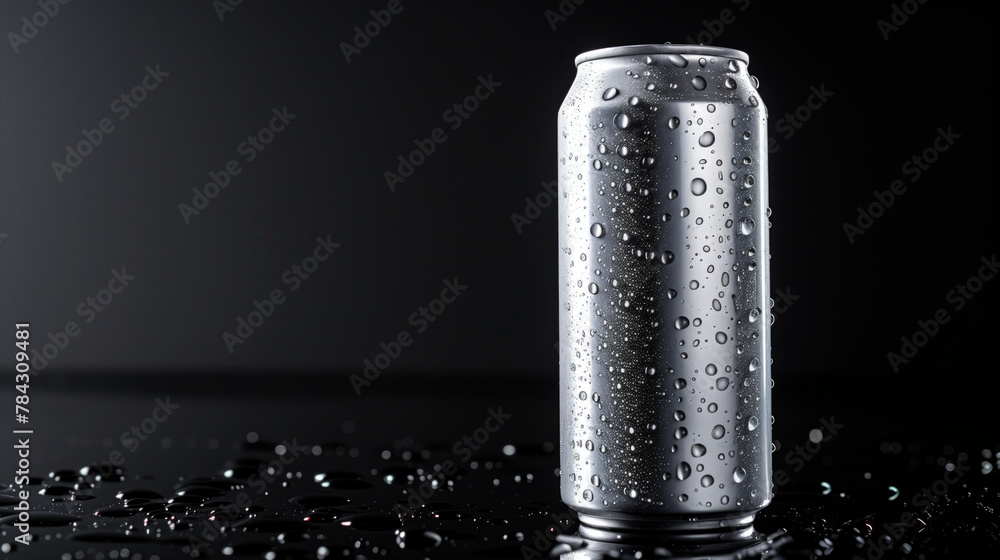 Poster a can of soda is sitting on a table with water droplets on it. concept of refreshment and thirst-que