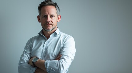 Confident father, casual style, friendly male face, relatable parent persona for UX, white backdrop.