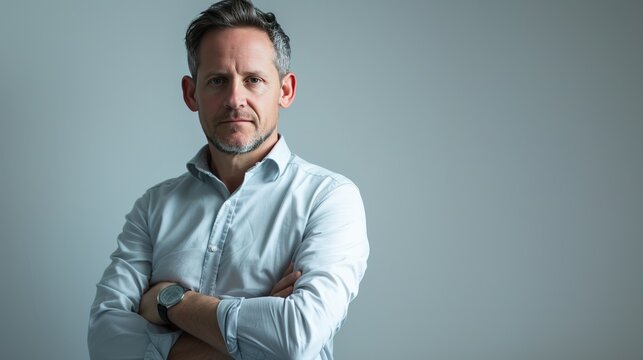 Confident father, casual style, friendly male face, relatable parent persona for UX, white backdrop.