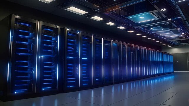 Video animation of modern data center with rows of server racks illuminated in blue light, emphasizing the scale and sophistication of the digital infrastructure that powers our connected world