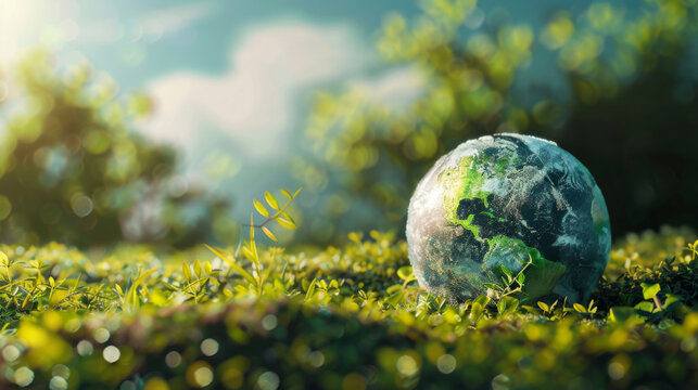 Green forest with the Earth global planet that tree growing from inside, healthy environment background, sustainable environment.