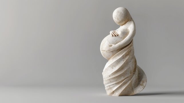 Stone sculpture of pregnant woman, abstract maternity art, pregnancy symbol, timeless motherhood statue.
