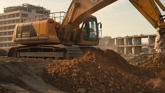 Video animation of bustling construction site. It features an excavator in the midst of digging, surrounded by buildings at various stages of completion