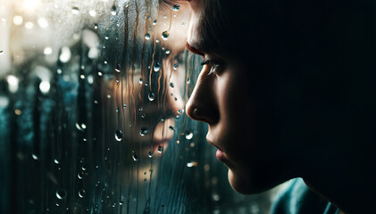 Close-up of person by rain-streaked window - obrazy, fototapety, plakaty