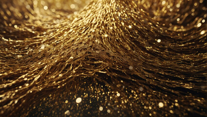 Abstract gold background with a shimmering cascade of dots and interwoven lines, representing opulent connectivity. - obrazy, fototapety, plakaty