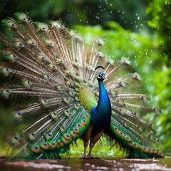 illustration of realistic photo of peacock dancing with its feather, Generative ai - obrazy, fototapety, plakaty
