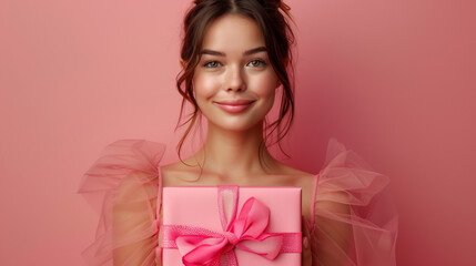 Obraz na płótnie Canvas Smiling Young Woman with Elegant Pink Gift, Delightful Gifting Experience