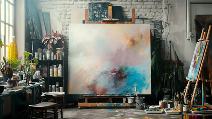 Artist's studio with colorful canvases and creative tools.